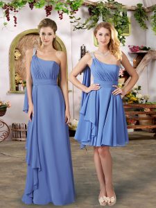 One Shoulder Sleeveless Zipper Wedding Party Dress Blue Chiffon