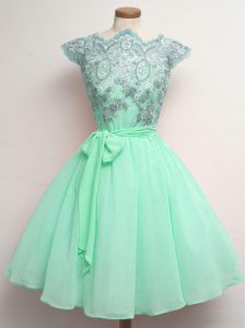 Colorful Lace and Belt Quinceanera Court Dresses Apple Green Lace Up Cap Sleeves Knee Length