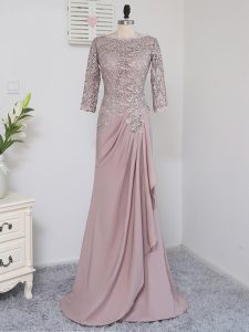Pink Elastic Woven Satin Zipper Mother Of The Bride Dress Half Sleeves Brush Train Beading and Lace and Appliques
