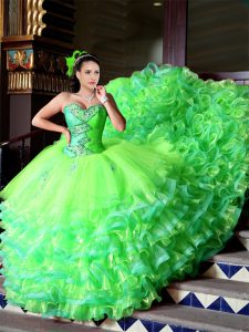 Latest Yellow Green Organza Lace Up Quinceanera Dresses Sleeveless Court Train Beading and Ruffles
