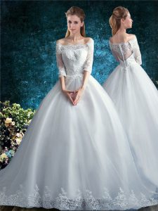 Pretty White Bridal Gown Tulle Brush Train Half Sleeves Lace