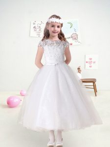 High Quality Organza Bateau Cap Sleeves Zipper Lace and Belt Flower Girl Dress in White