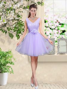 Designer Lilac Sleeveless Tulle Lace Up Bridesmaids Dress for Prom and Party