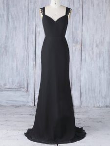 Shining Black Column/Sheath Straps Sleeveless Chiffon Sweep Train Zipper Appliques Wedding Guest Dresses