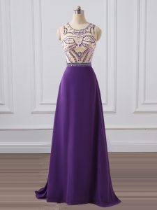 On Sale Purple Column/Sheath Chiffon Scoop Sleeveless Beading Zipper Prom Gown Brush Train