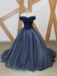 Artistic Navy Blue Lace Up Ruching Sleeveless Brush Train