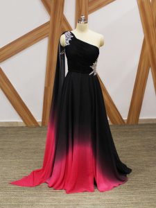 Multi-color Chiffon Criss Cross Evening Dress Sleeveless Brush Train Beading and Ruching
