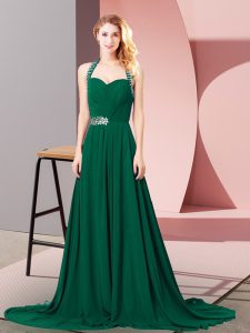 Fashionable Zipper Prom Dress Dark Green for Prom and Party and Military Ball with Beading and Ruching Brush Train