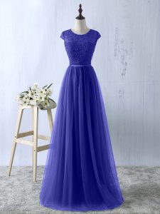 Lace Evening Dress Blue Zipper Short Sleeves Floor Length