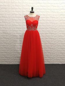 Comfortable Scoop Sleeveless Dress for Prom Floor Length Beading Red Chiffon