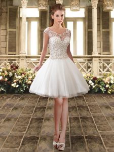 Decent Cap Sleeves Beading and Lace Lace Up Wedding Party Dress