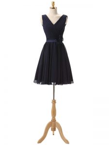 Romantic Navy Blue Sleeveless Hand Made Flower Mini Length Bridesmaid Dress
