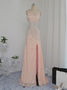V-neck Sleeveless Homecoming Dress Floor Length Beading Peach Chiffon
