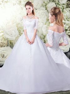 Cheap White Scalloped Lace Up Beading and Appliques Wedding Dress Brush Train Half Sleeves