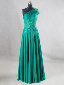 Nice Sleeveless Floor Length Beading and Pleated Backless Prom Dresses with Turquoise