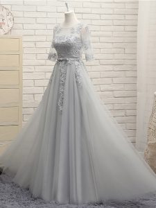 Extravagant Grey Tulle Lace Up Vestidos de Damas Half Sleeves Floor Length Appliques
