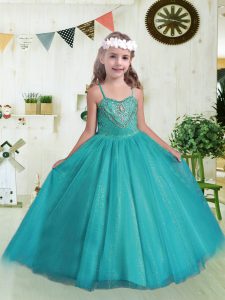 Sweet Teal Sleeveless Tulle Lace Up Child Pageant Dress for Party and Wedding Party