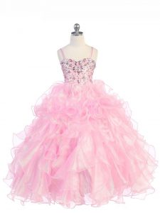 Attractive Baby Pink Little Girls Pageant Dress Wholesale Wedding Party with Beading and Ruffles Spaghetti Straps Sleeveless Lace Up