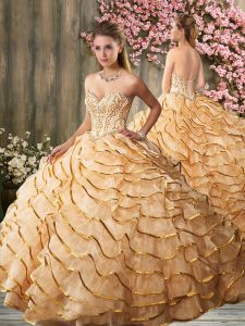 Gold Lace Up Sweetheart Beading and Ruffled Layers Sweet 16 Dresses Organza Sleeveless Sweep Train