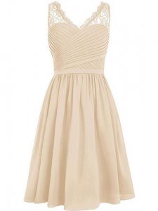 Delicate Chiffon V-neck Sleeveless Side Zipper Lace and Ruching Bridesmaid Dresses in Champagne