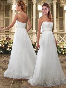 Luxurious White Sleeveless Tulle Brush Train Zipper Wedding Gown for Wedding Party