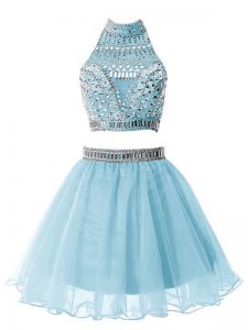 Free and Easy Light Blue Organza Zipper High-neck Sleeveless Knee Length Bridesmaids Dress Beading