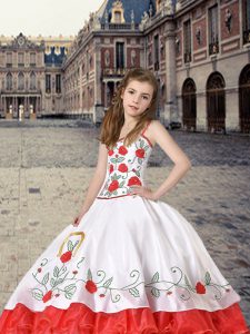 Enchanting White And Red Straps Neckline Embroidery Child Pageant Dress Sleeveless Lace Up