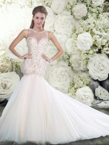 Sexy Mermaid Sleeveless White Bridal Gown Brush Train Side Zipper