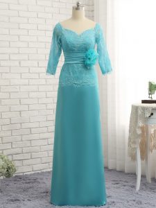 Luxury Baby Blue Chiffon Zipper Sweetheart 3 4 Length Sleeve Mother Of The Bride Dress Lace and Appliques