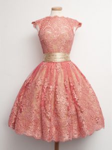 Cap Sleeves Lace Knee Length Lace Up Damas Dress in Watermelon Red with Belt