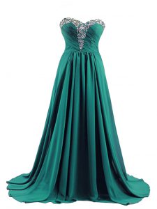 Excellent Turquoise Lace Up Dress for Prom Beading Sleeveless Brush Train