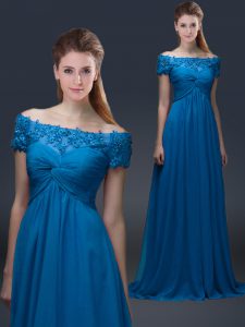 Royal Blue Mother Dresses Prom and Party with Appliques Off The Shoulder Short Sleeves Lace Up