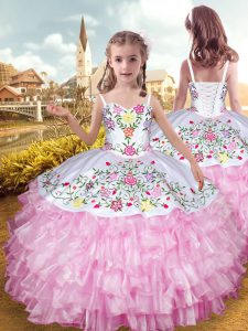 Rose Pink Sleeveless Embroidery and Ruffled Layers Floor Length Little Girls Pageant Dress Wholesale