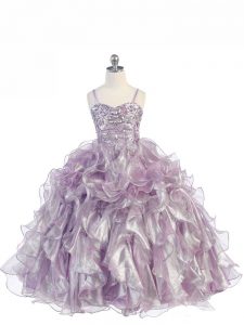 Charming Sleeveless Floor Length Beading and Ruffles Lace Up Girls Pageant Dresses with Lavender
