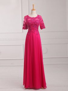 Sophisticated Hot Pink Zipper Mother Of The Bride Dress Lace and Appliques Half Sleeves Floor Length