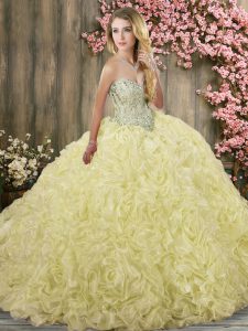 Super Yellow Ball Gowns Sweetheart Sleeveless Fabric With Rolling Flowers Brush Train Lace Up Beading Quinceanera Dress