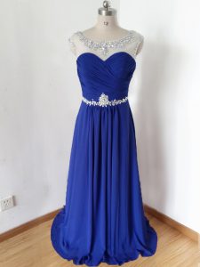 Pretty Beading and Ruching Prom Gown Royal Blue Zipper Short Sleeves Floor Length