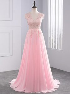 Baby Pink Chiffon Side Zipper Prom Dresses Sleeveless Brush Train Appliques