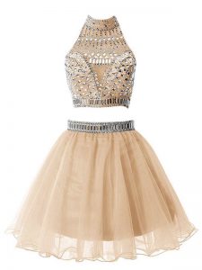 Fantastic Champagne High-neck Neckline Beading Wedding Guest Dresses Sleeveless Zipper