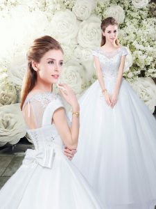 Scoop Short Sleeves Tulle Wedding Dresses Appliques and Bowknot Lace Up