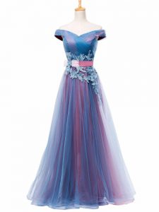 Multi-color A-line Off The Shoulder Sleeveless Tulle Floor Length Lace Up Appliques and Ruching and Belt Prom Gown