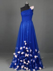 Tulle One Shoulder Sleeveless Side Zipper Beading and Hand Made Flower Dress for Prom in Royal Blue