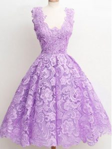 Luxurious Lavender A-line Lace Straps Sleeveless Lace Knee Length Zipper Wedding Guest Dresses