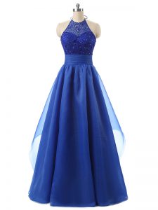 Blue Zipper Homecoming Dress Beading and Ruffles Sleeveless Floor Length