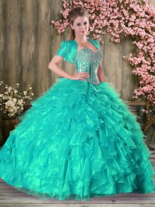 Turquoise Sleeveless Organza Lace Up Sweet 16 Dresses for Military Ball and Sweet 16 and Quinceanera