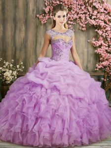 Fabulous Lilac Ball Gowns Organza Scoop Sleeveless Beading and Ruffles Lace Up Vestidos de Quinceanera Sweep Train