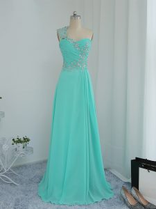 Turquoise Column/Sheath One Shoulder Sleeveless Chiffon Floor Length Zipper Beading and Appliques Prom Dresses