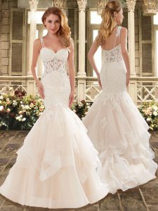 Sumptuous Champagne Mermaid Tulle Straps Sleeveless Lace and Ruffles Clasp Handle Wedding Dress Brush Train