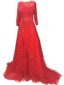 Traditional Red Evening Dress Prom and Party and Sweet 16 with Lace and Appliques and Belt Bateau Long Sleeves Brush Train Zipper