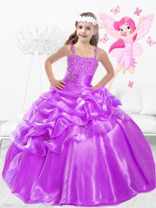 Sleeveless Organza Floor Length Side Zipper Girls Pageant Dresses in Lilac with Beading and Pick Ups